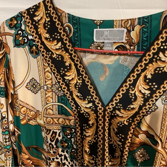 JM Collection Green Beige & Tan V -Neck Top - Picture 3 of 5